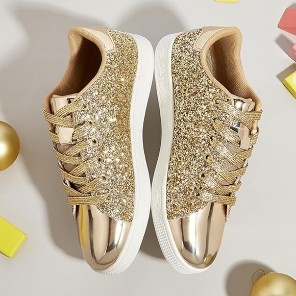 Glitter Shoes Sparkly Bling Shiny Bedazzled Lace up Fashion Sneakers for Women - Picture 2 of 6